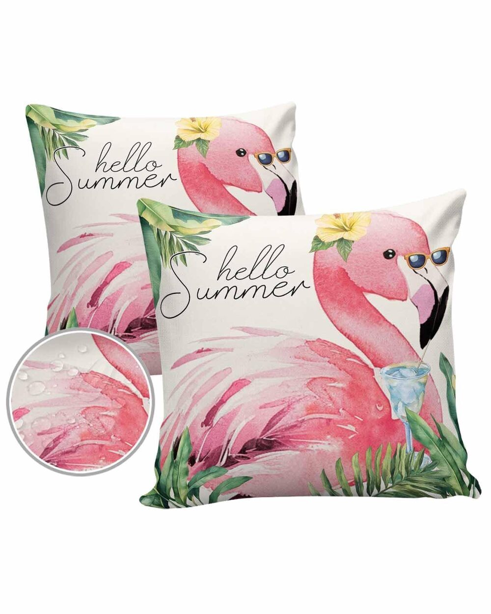3642 Hello Summer Outdoor Waterproof Pillow Covers Pack of 2, Flamingo